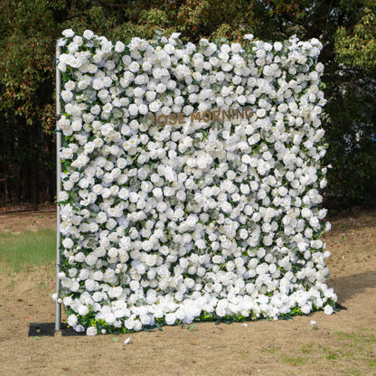 Sylas: 5D Luxury White Rose &amp; Forest Foliage Silk Floral Wall Roll-Up Fabric Backdrop for Elegant Garden Weddings &amp; Receptions