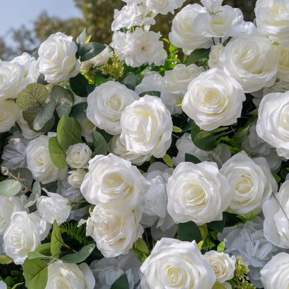 Sylas: 5D Luxury White Rose &amp; Forest Foliage Silk Floral Wall Roll-Up Fabric Backdrop for Elegant Garden Weddings &amp; Receptions