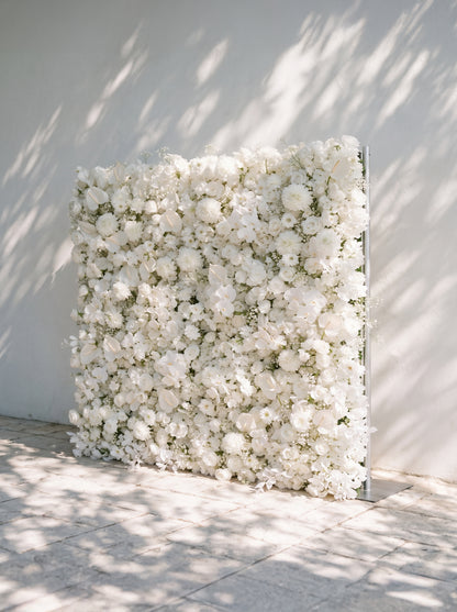 Opal：2026 Luxury 5D All-White Floral Wall with Greenery Roll-Up Backdrop for Rustic Garden Weddings