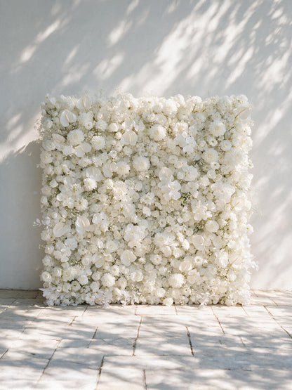 Opal：2026 Luxury 5D All-White Floral Wall with Greenery Roll-Up Backdrop for Rustic Garden Weddings