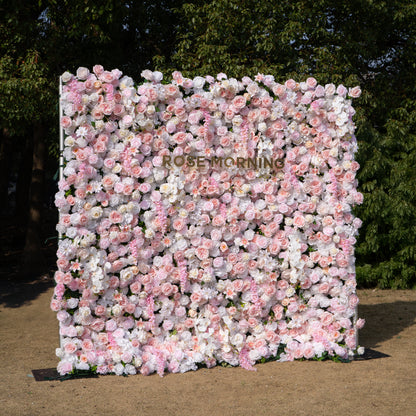 Valerie: 5D White and Pink Silk Rose Flower Wall Roll-Up Fabric Backdrop for Elegant Weddings &amp; Events