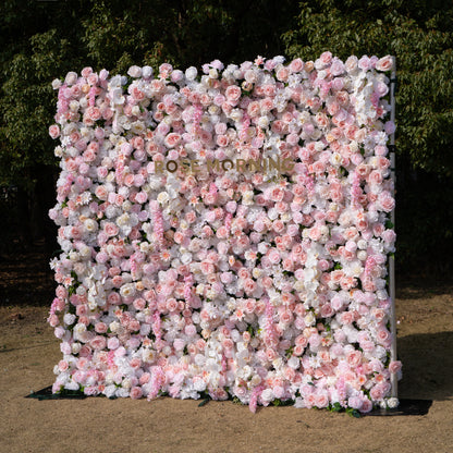 Valerie: 5D White and Pink Silk Rose Flower Wall Roll-Up Fabric Backdrop for Elegant Weddings &amp; Events