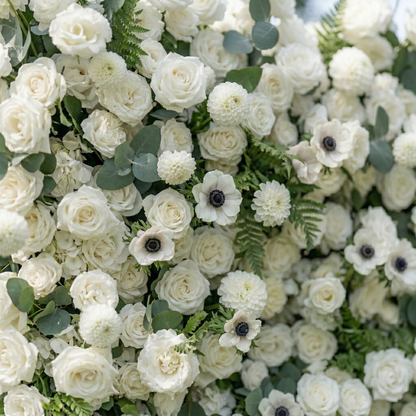 Veda: 5D Elegant White Silk Rose &amp; Greenery Wall Roll-Up Fabric Backdrop for Grand Weddings &amp; Ceremonies