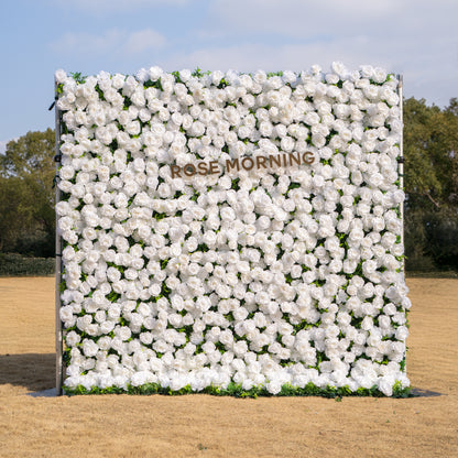 Zephira: 3D Elegant White Silk Rose Flower Wall Roll-Up Fabric Backdrop for Luxury Weddings &amp; Events