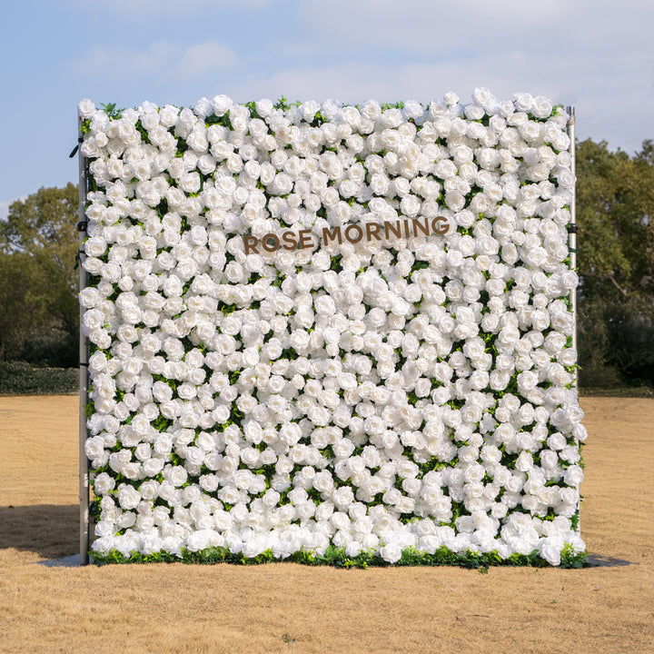 Zephira: 3D Elegant White Silk Rose Flower Wall Roll-Up Fabric Backdrop for Luxury Weddings & Events