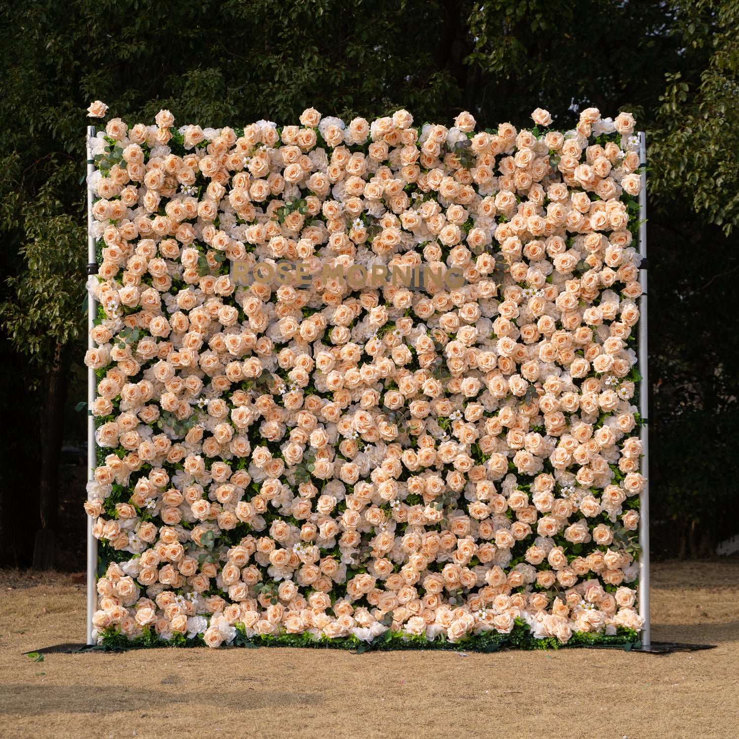 Zephyra: 3D Elegant Champagne Silk Rose Flower Wall Roll-Up Fabric Backdrop for Luxury Weddings &amp; Events