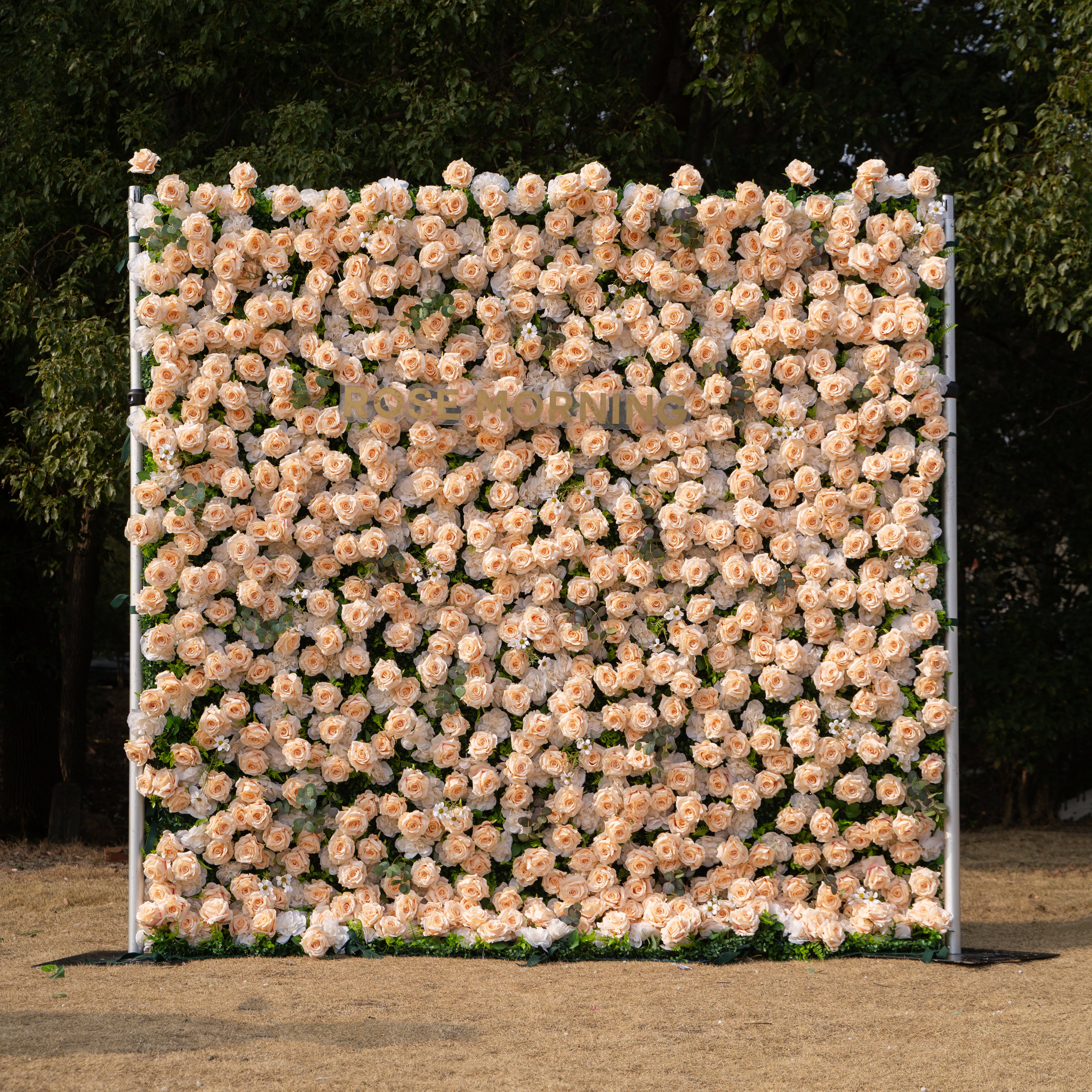 Zephyra: 3D Elegant Champagne Silk Rose Flower Wall Roll-Up Fabric Backdrop for Luxury Weddings &amp; Events