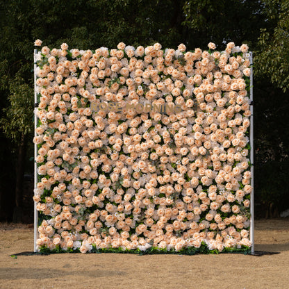 Zephyra: 3D Elegant Champagne Silk Rose Flower Wall Roll-Up Fabric Backdrop for Luxury Weddings &amp; Events