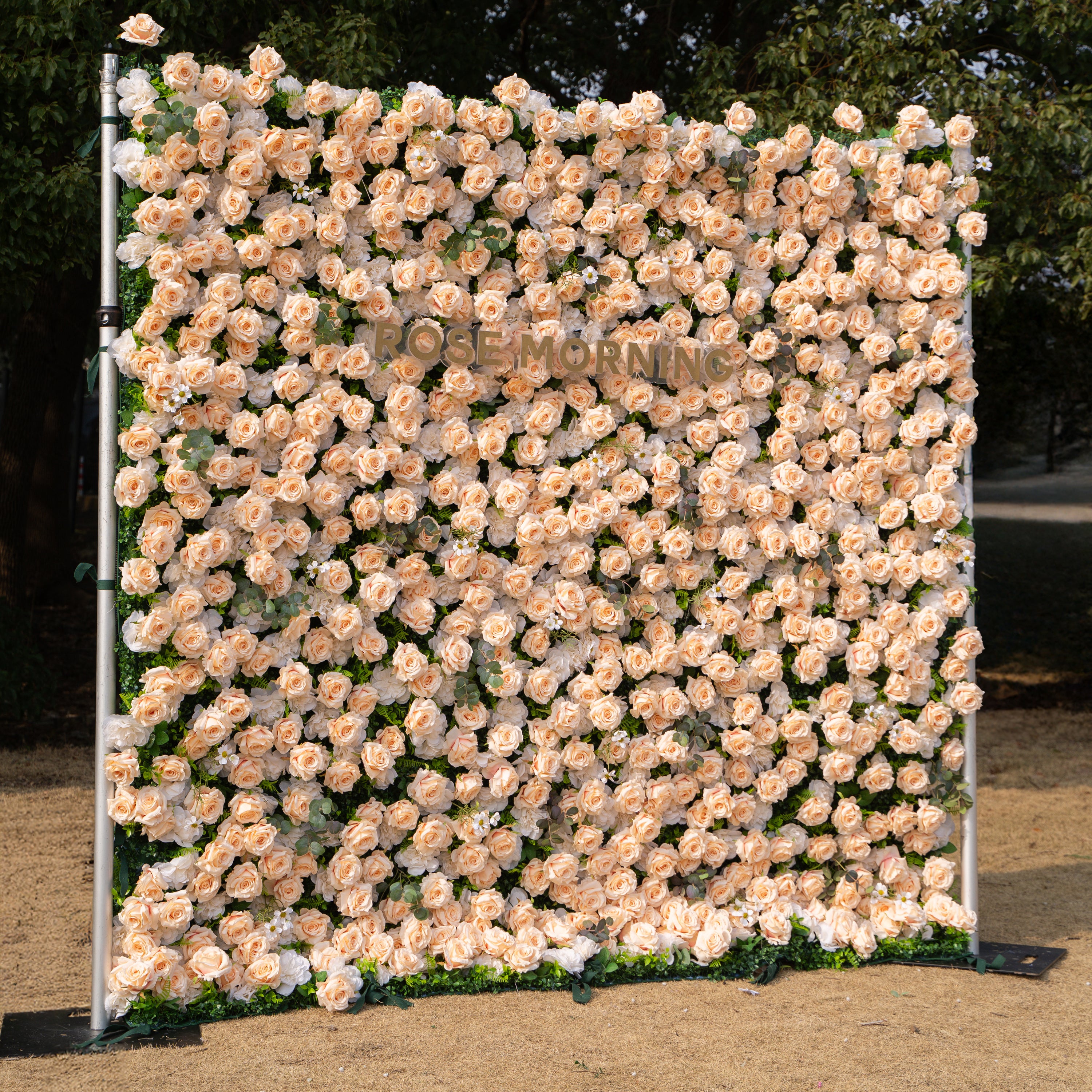 Zephyra: 3D Elegant Champagne Silk Rose Flower Wall Roll-Up Fabric Backdrop for Luxury Weddings &amp; Events