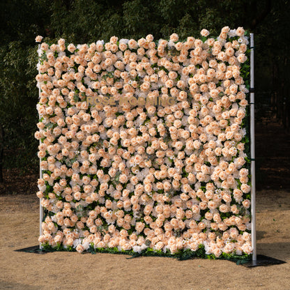 Zephyra: 3D Elegant Champagne Silk Rose Flower Wall Roll-Up Fabric Backdrop for Luxury Weddings &amp; Events