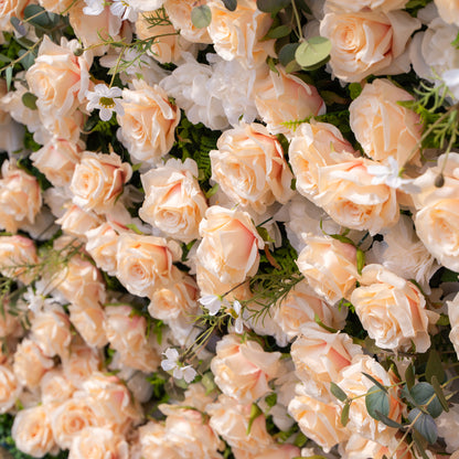Zephyra: 3D Elegant Champagne Silk Rose Flower Wall Roll-Up Fabric Backdrop for Luxury Weddings &amp; Events