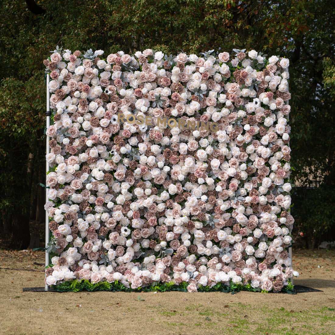 Ziven: 5D Elegant Latte &amp; Ivory Silk Rose Flower Wall Roll-Up Fabric Backdrop for Luxury Wedding &amp; Modern Interior Decor