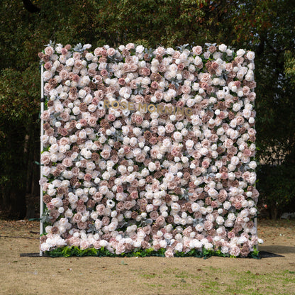Ziven: 5D Elegant Latte &amp; Ivory Silk Rose Flower Wall Roll-Up Fabric Backdrop for Luxury Wedding &amp; Modern Interior Decor