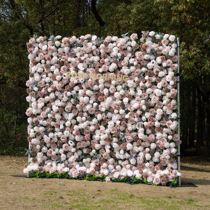 Ziven: 5D Elegant Latte &amp; Ivory Silk Rose Flower Wall Roll-Up Fabric Backdrop for Luxury Wedding &amp; Modern Interior Decor