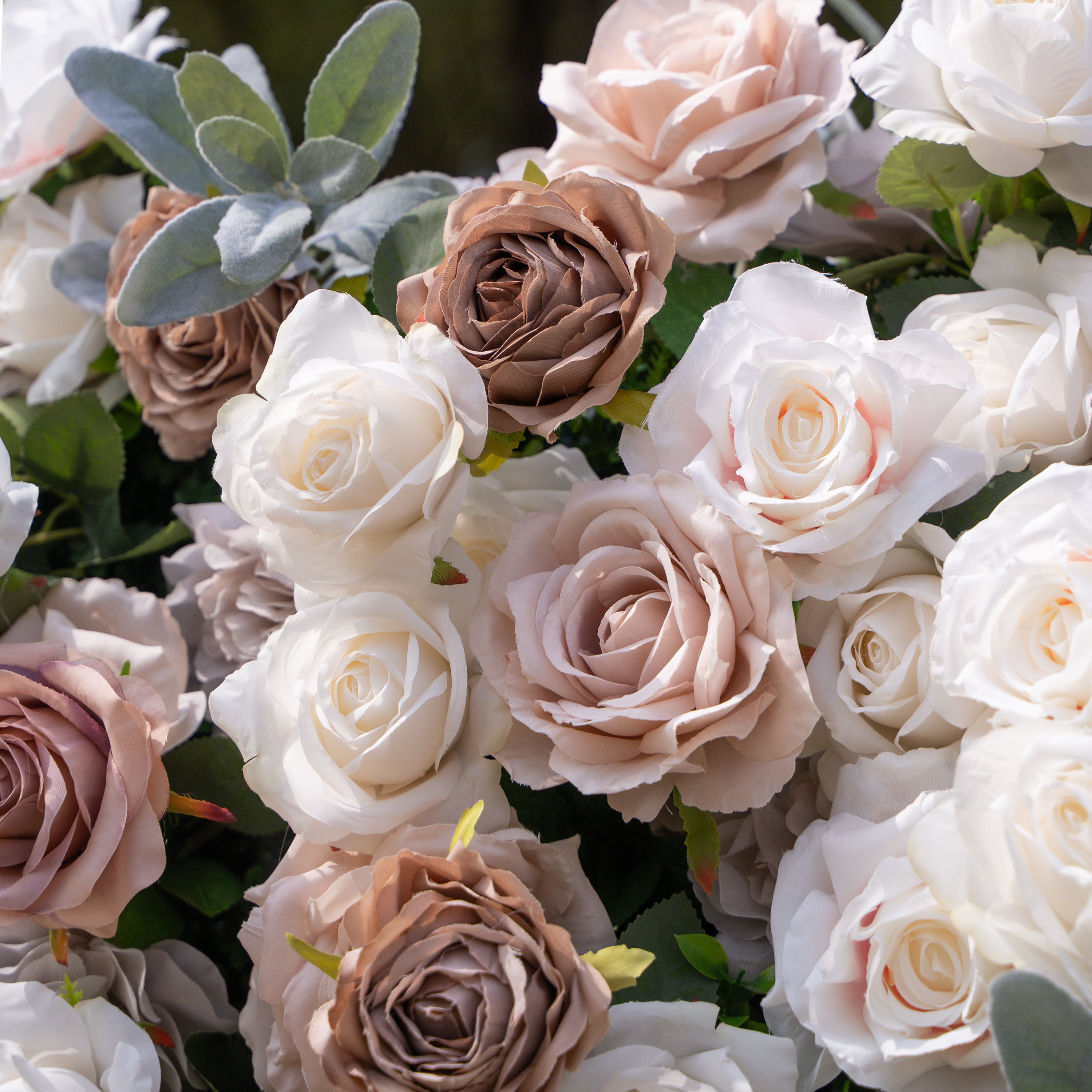 Ziven: 5D Elegant Latte &amp; Ivory Silk Rose Flower Wall Roll-Up Fabric Backdrop for Luxury Wedding &amp; Modern Interior Decor