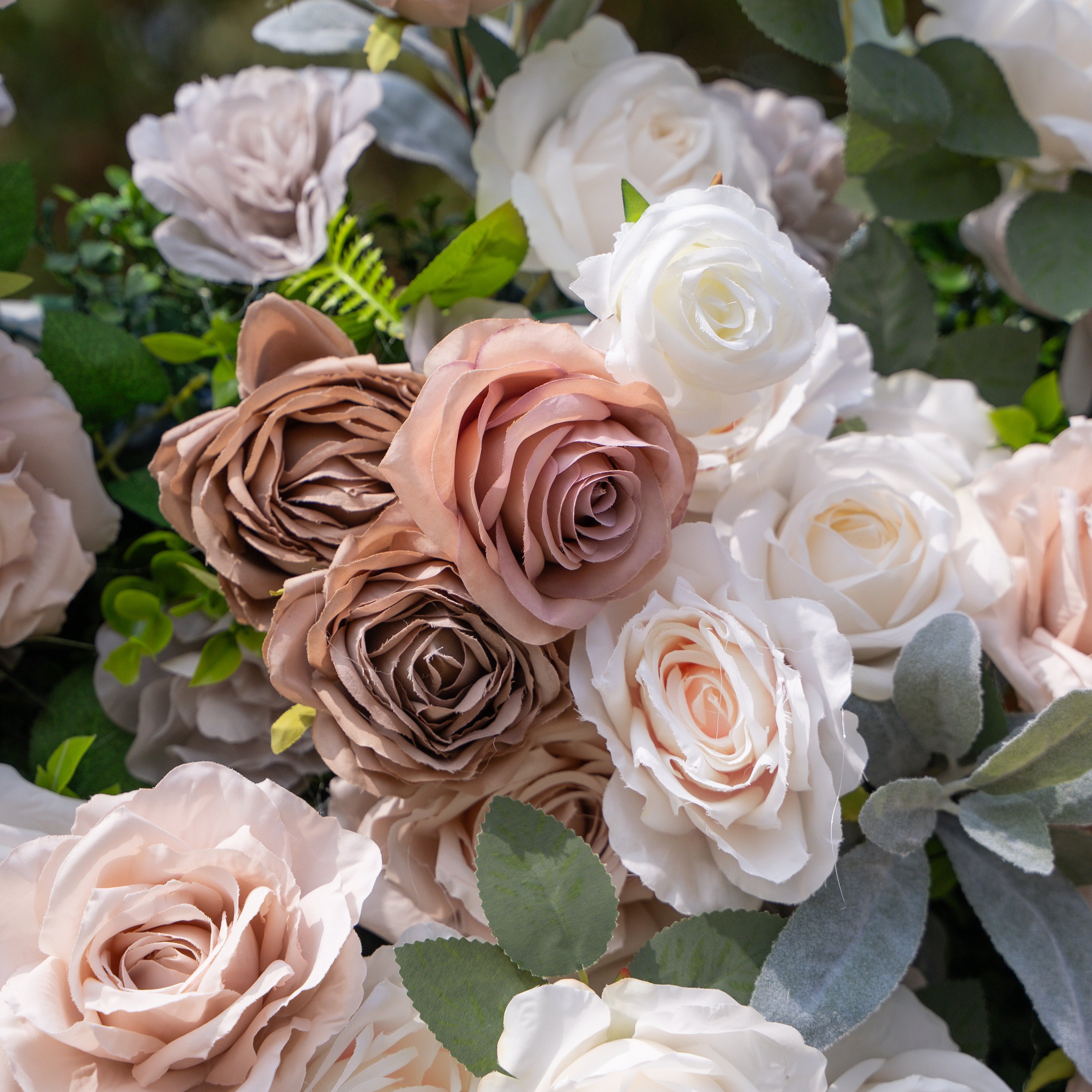 Ziven: 5D Elegant Latte &amp; Ivory Silk Rose Flower Wall Roll-Up Fabric Backdrop for Luxury Wedding &amp; Modern Interior Decor