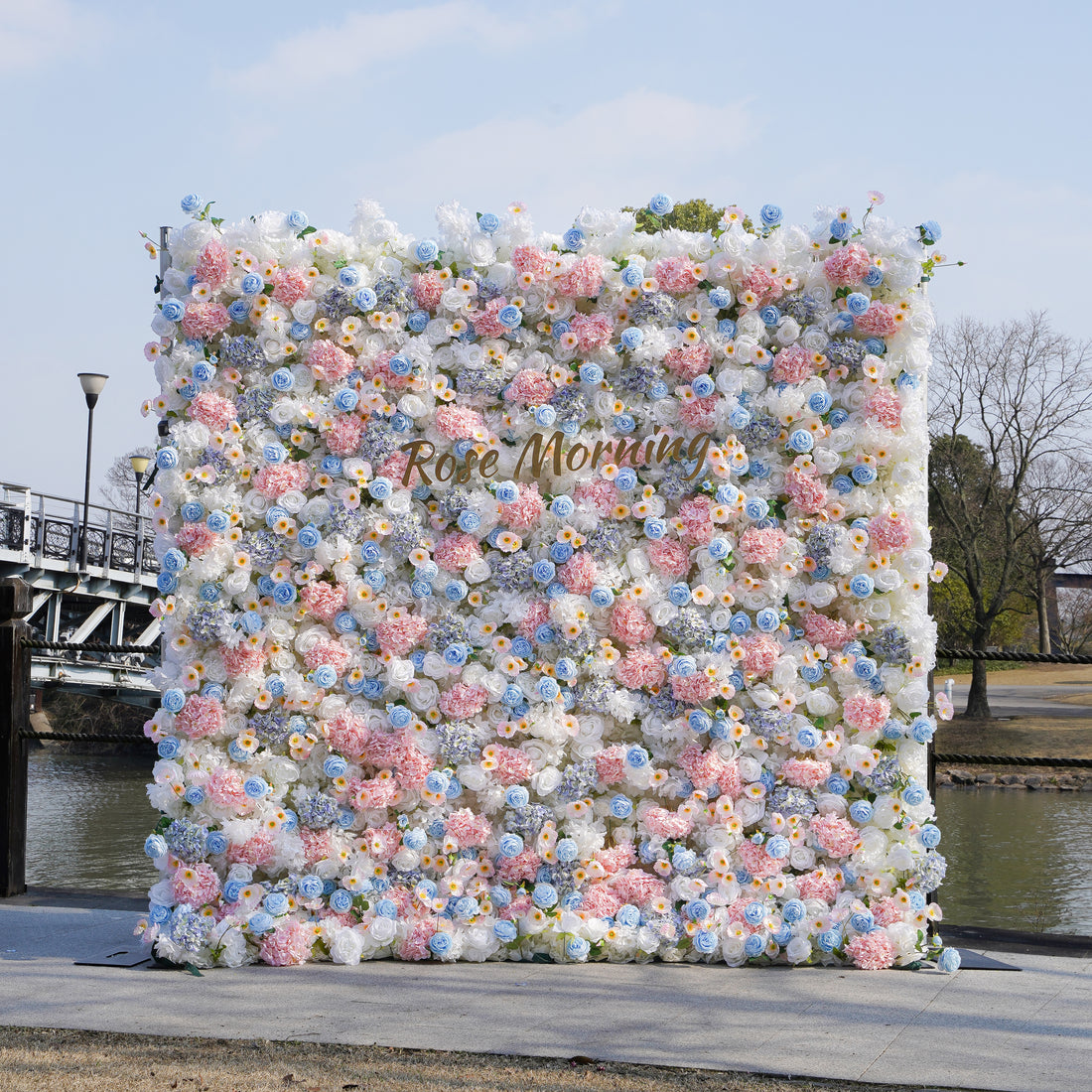 Rose Morning“The flower walls are made of artificial flowers in various colors, layered at different levels to create a lush, elegant and natural look. The exclusive zipper design and roll-up design make it easy to install and remove.”