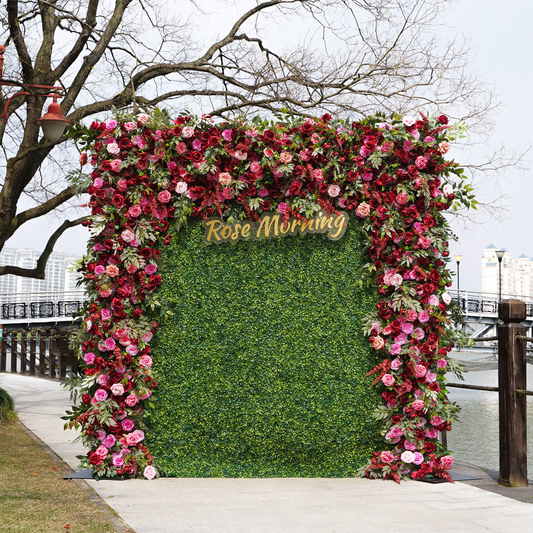 Rose Morning“The flower walls are made of artificial flowers in various colors, layered at different levels to create a lush, elegant and natural look. The exclusive zipper design and roll-up design make it easy to install and remove.”