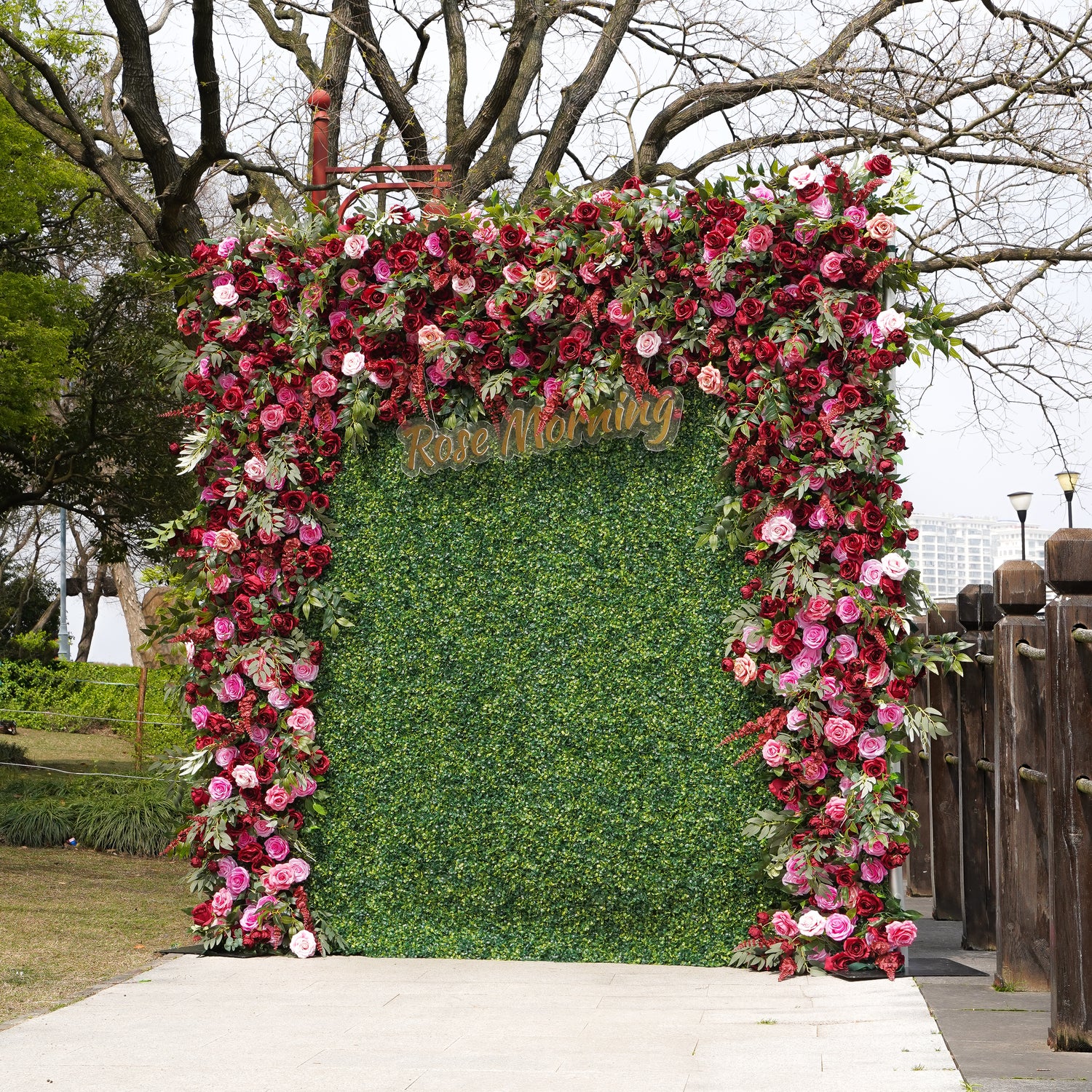 Rose Morning“The flower walls are made of artificial flowers in various colors, layered at different levels to create a lush, elegant and natural look. The exclusive zipper design and roll-up design make it easy to install and remove.”