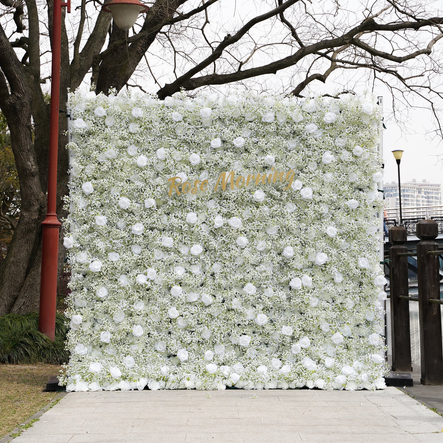 WHITE IVORY ROSES WITH GREENERY FLOWER WALL, FLOWER WALL